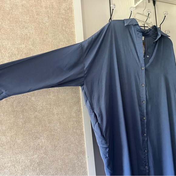 P. cill - Sky Blue Satin Button-Up Boyfriend Dress - Picture 3 of 8